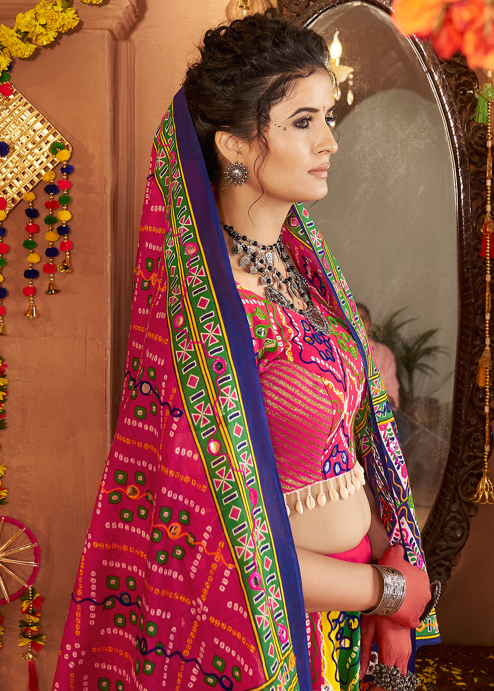 Buy Now Multicolor Organic Cotton Navratri Wear Chaniya Choli Online in US, UK, Canada, France, Germany, Italy, Singapore, UAE & Worldwide at Empress Clothing.