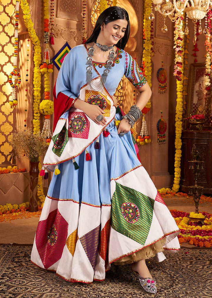 Buy Now Light Blue Jacquard Patch Work Navratri Chaniya Choli Online in US, UK, Canada, France, Germany, Italy, Singapore, UAE & Worldwide at Empress Clothing.