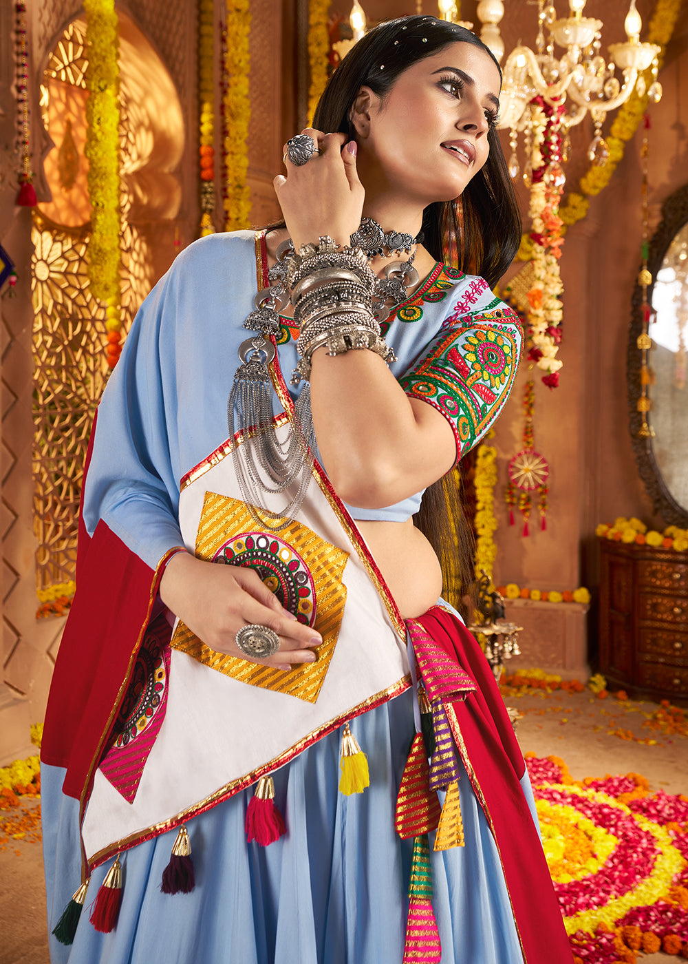 Buy Now Light Blue Jacquard Patch Work Navratri Chaniya Choli Online in US, UK, Canada, France, Germany, Italy, Singapore, UAE & Worldwide at Empress Clothing.