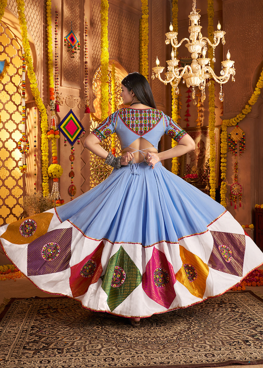 Buy Now Light Blue Jacquard Patch Work Navratri Chaniya Choli Online in US, UK, Canada, France, Germany, Italy, Singapore, UAE & Worldwide at Empress Clothing.