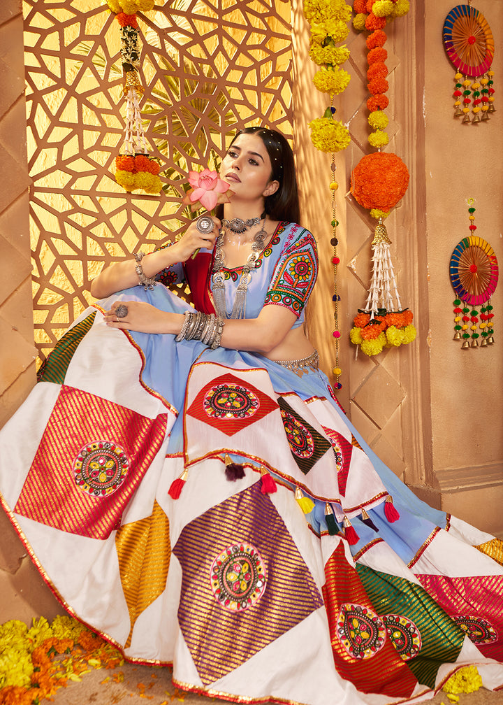 Buy Now Light Blue Jacquard Patch Work Navratri Chaniya Choli Online in US, UK, Canada, France, Germany, Italy, Singapore, UAE & Worldwide at Empress Clothing.