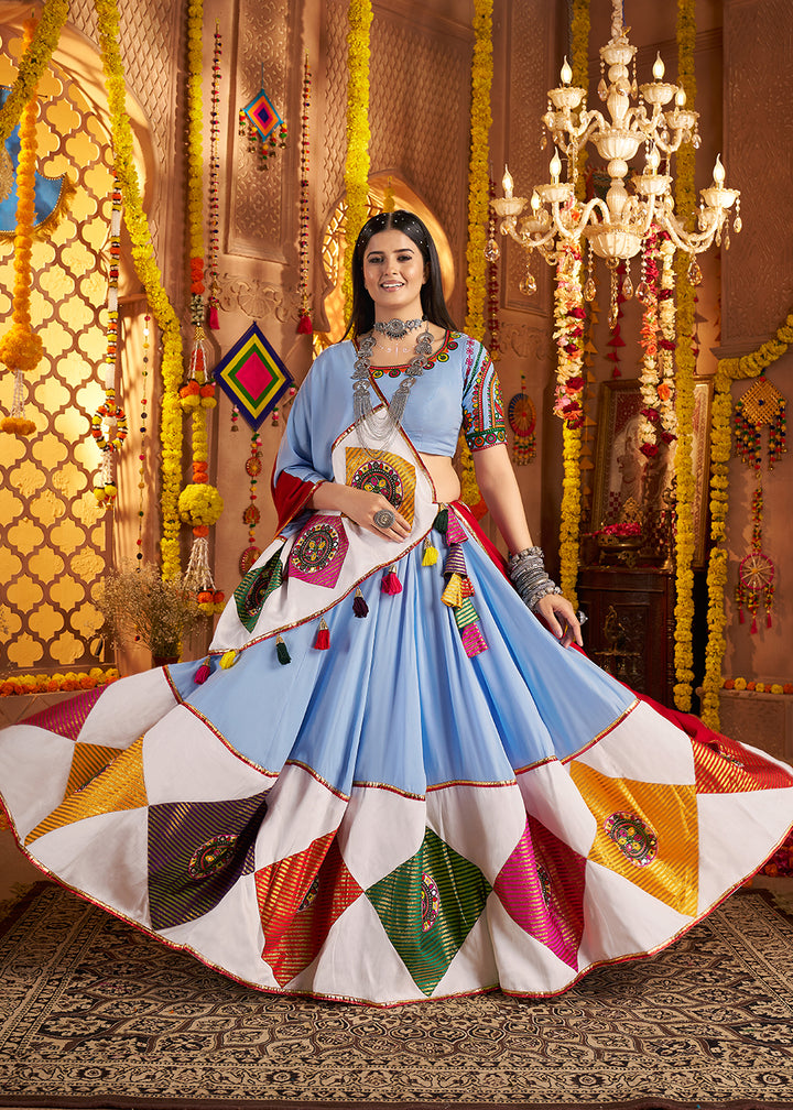 Buy Now Light Blue Jacquard Patch Work Navratri Chaniya Choli Online in US, UK, Canada, France, Germany, Italy, Singapore, UAE & Worldwide at Empress Clothing.