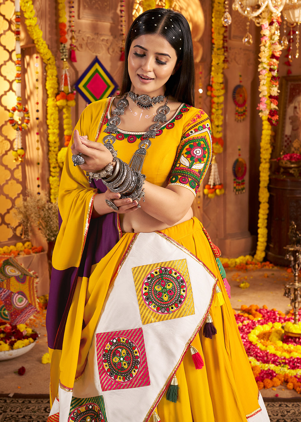 Buy Now Yellow Jacquard Patch Work Navratri Chaniya Choli Online in US, UK, Canada, France, Germany, Italy, Singapore, Greece & Worldwide at Empress Clothing.