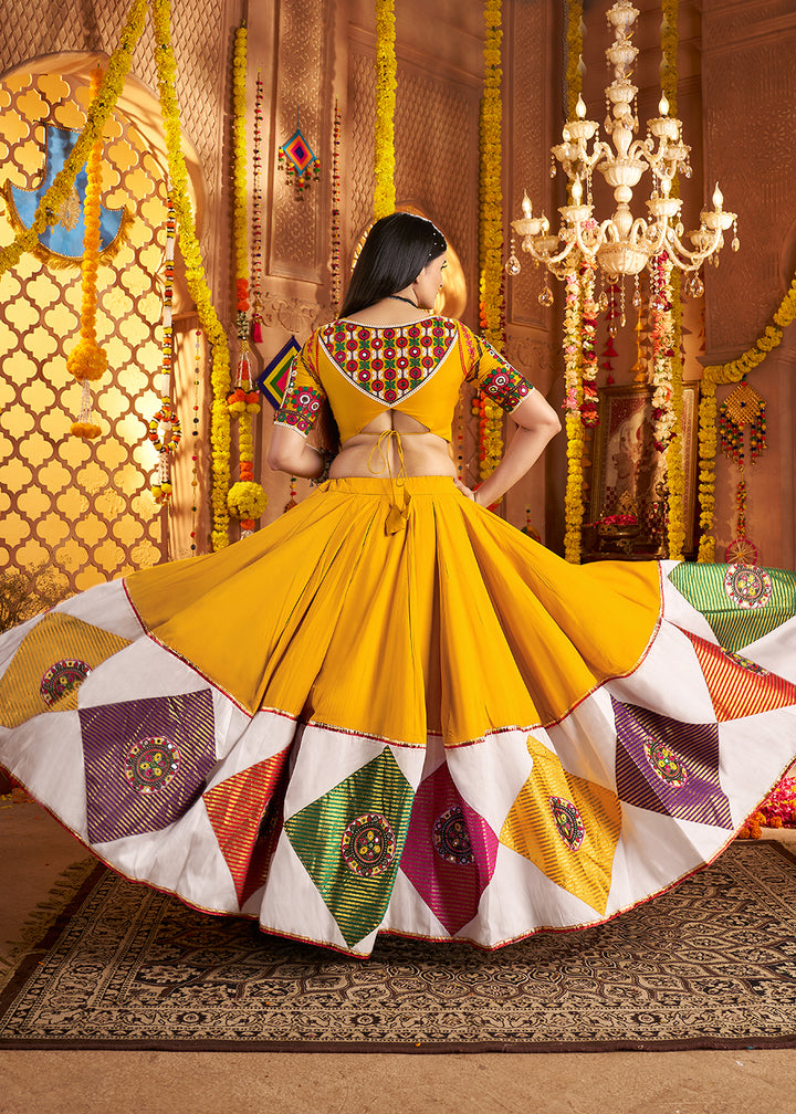 Buy Now Yellow Jacquard Patch Work Navratri Chaniya Choli Online in US, UK, Canada, France, Germany, Italy, Singapore, Greece & Worldwide at Empress Clothing.