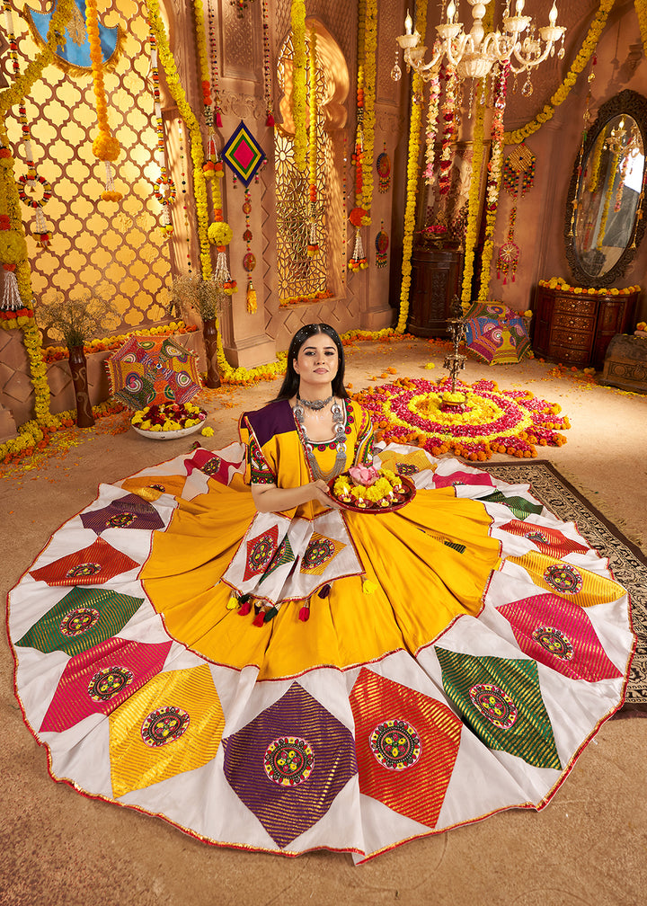 Buy Now Yellow Jacquard Patch Work Navratri Chaniya Choli Online in US, UK, Canada, France, Germany, Italy, Singapore, Greece & Worldwide at Empress Clothing.