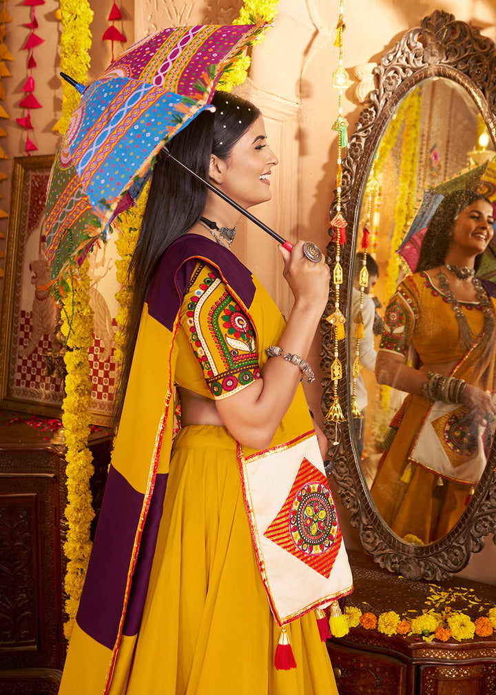 Buy Now Yellow Jacquard Patch Work Navratri Chaniya Choli Online in US, UK, Canada, France, Germany, Italy, Singapore, Greece & Worldwide at Empress Clothing.