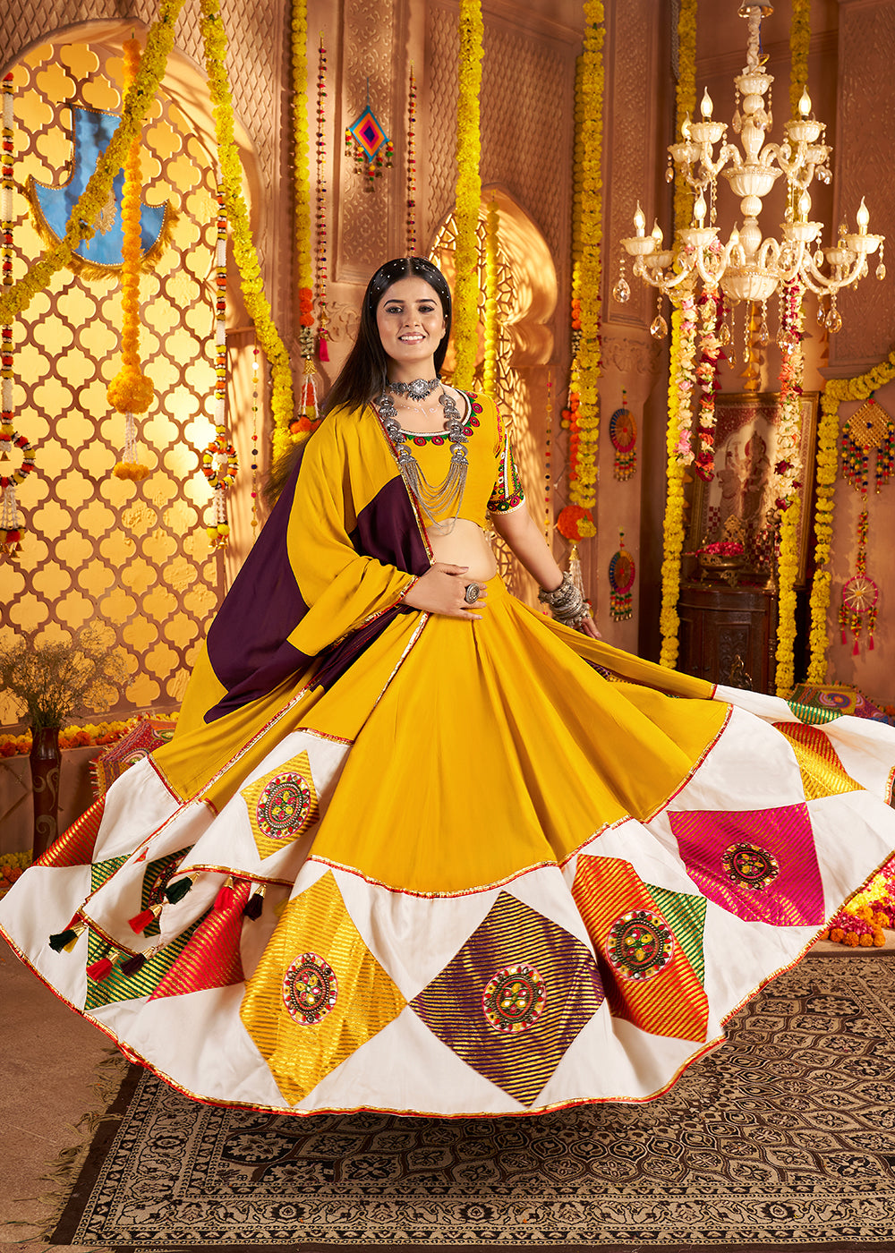 Buy Now Yellow Jacquard Patch Work Navratri Chaniya Choli Online in US, UK, Canada, France, Germany, Italy, Singapore, Greece & Worldwide at Empress Clothing.