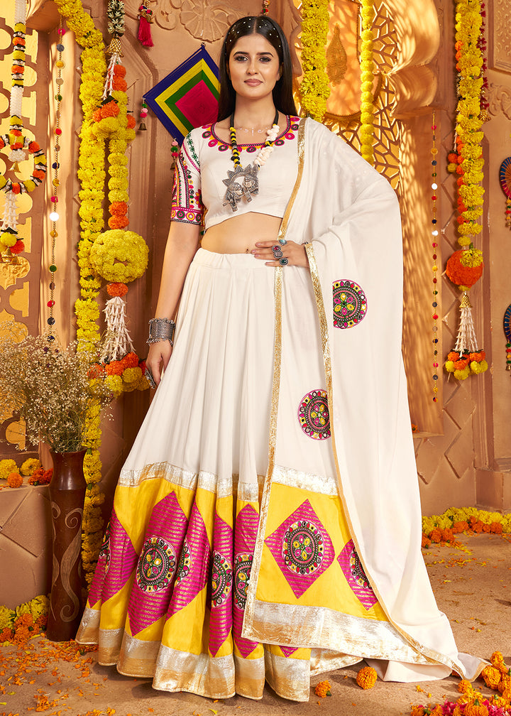Buy Now White Jacquard Patch Work Navratri Chaniya Choli Online in US, UK, Canada, France, Germany, Italy, Singapore, Greece & Worldwide at Empress Clothing.