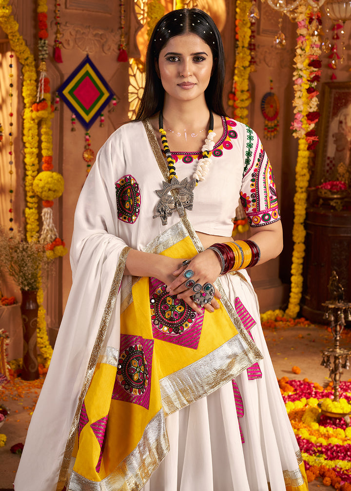 Buy Now White Jacquard Patch Work Navratri Chaniya Choli Online in US, UK, Canada, France, Germany, Italy, Singapore, Greece & Worldwide at Empress Clothing.