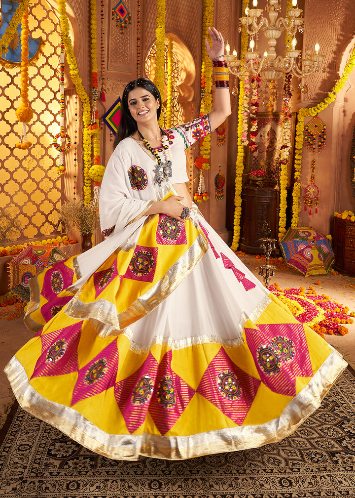 Buy Now White Jacquard Patch Work Navratri Chaniya Choli Online in US, UK, Canada, France, Germany, Italy, Singapore, Greece & Worldwide at Empress Clothing.