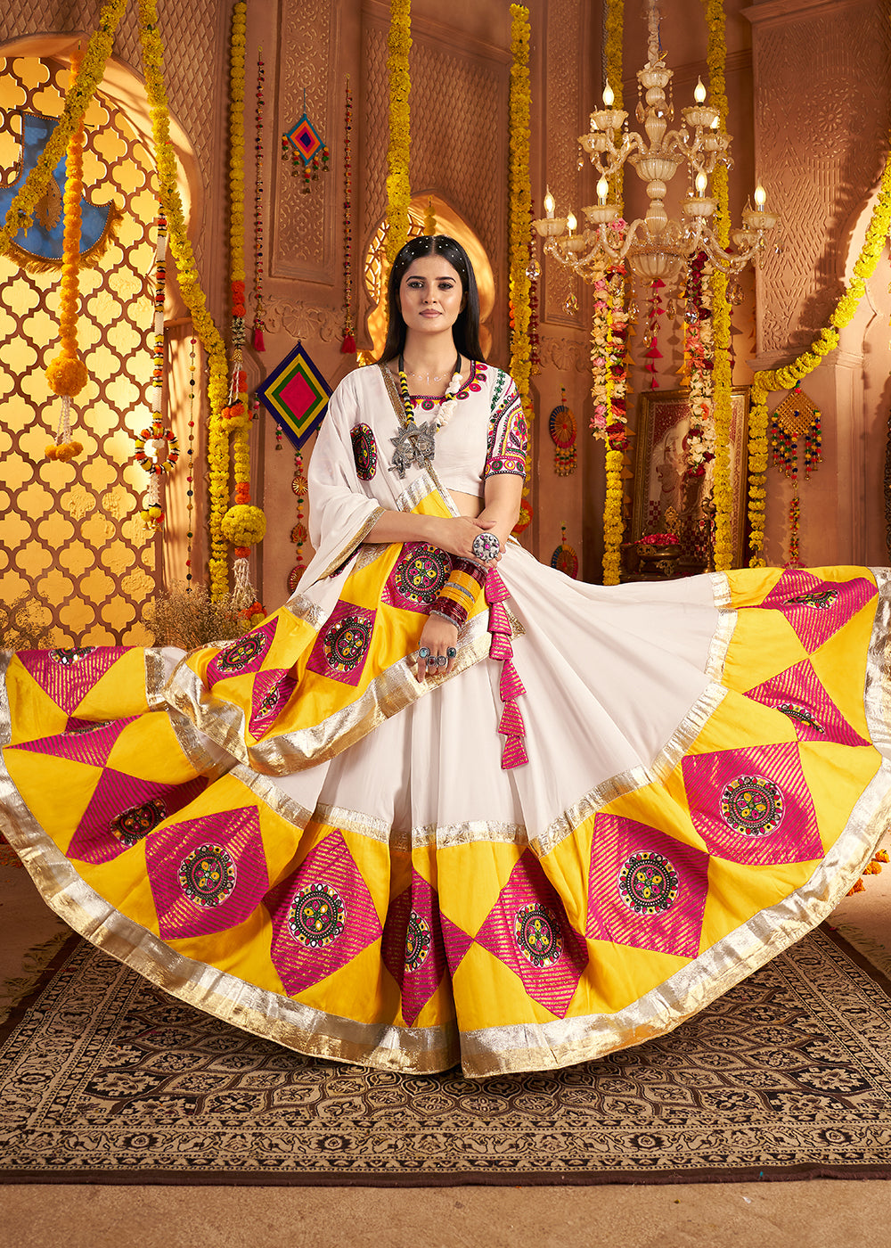 Buy Now White Jacquard Patch Work Navratri Chaniya Choli Online in US, UK, Canada, France, Germany, Italy, Singapore, Greece & Worldwide at Empress Clothing.