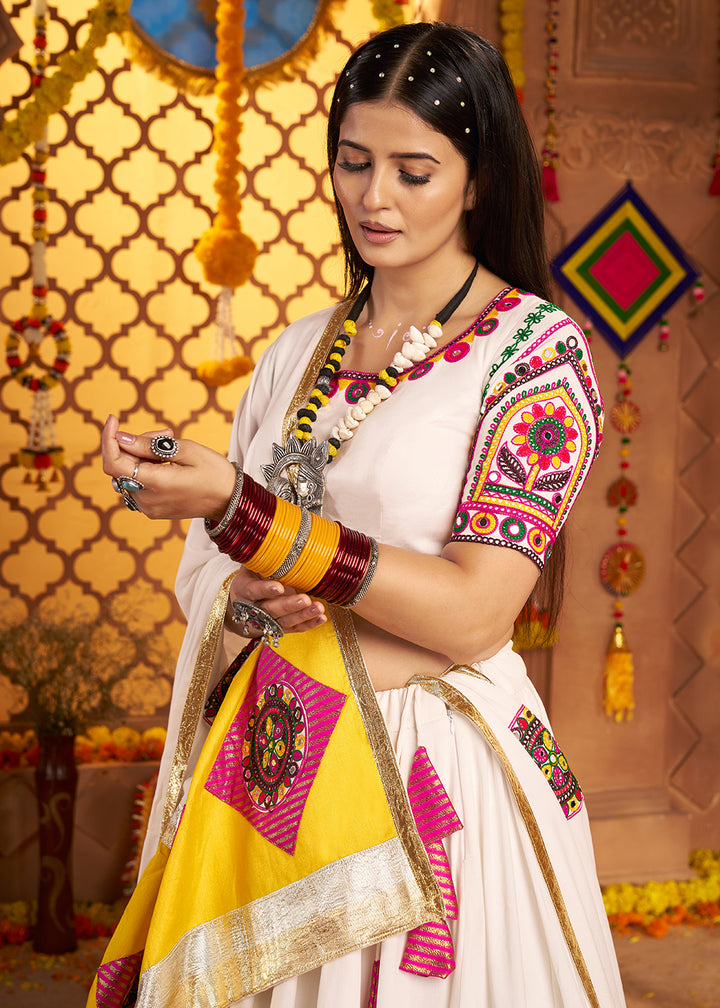 Buy Now White Jacquard Patch Work Navratri Chaniya Choli Online in US, UK, Canada, France, Germany, Italy, Singapore, Greece & Worldwide at Empress Clothing.