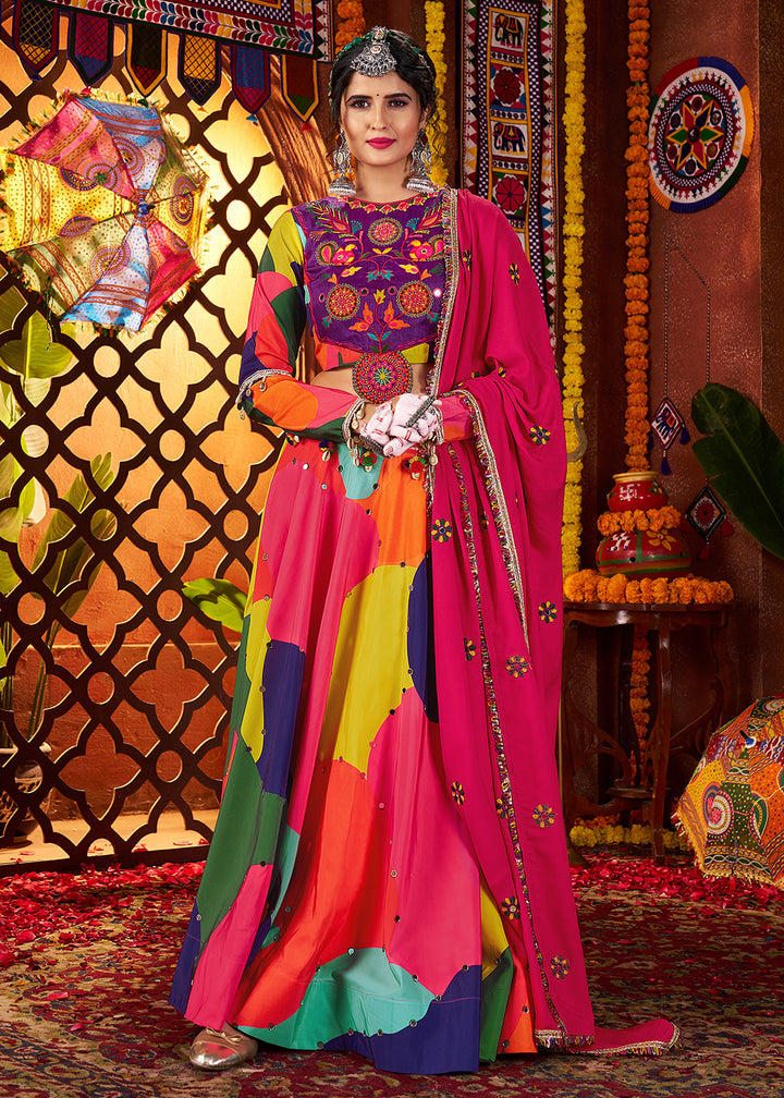 Buy Now Multicolor Printed Muslin Navratri Wear Chaniya Choli Online in US, UK, Canada, France, Germany, Italy, Malaysia, UAE & Worldwide at Empress Clothing.