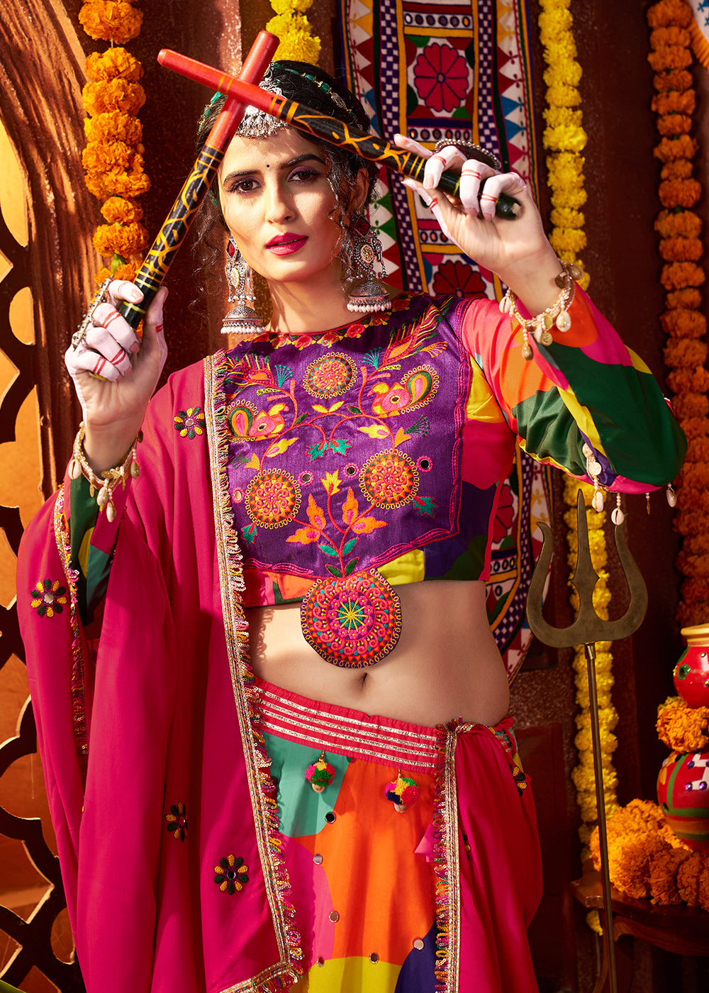 Buy Now Multicolor Printed Muslin Navratri Wear Chaniya Choli Online in US, UK, Canada, France, Germany, Italy, Malaysia, UAE & Worldwide at Empress Clothing.