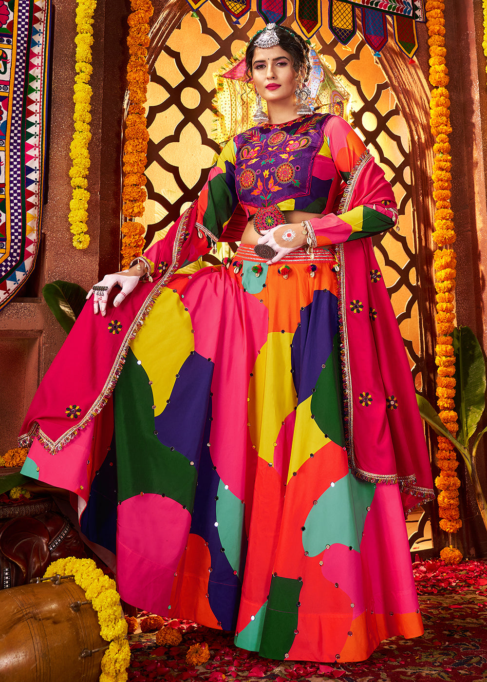 Buy Now Multicolor Printed Muslin Navratri Wear Chaniya Choli Online in US, UK, Canada, France, Germany, Italy, Malaysia, UAE & Worldwide at Empress Clothing.