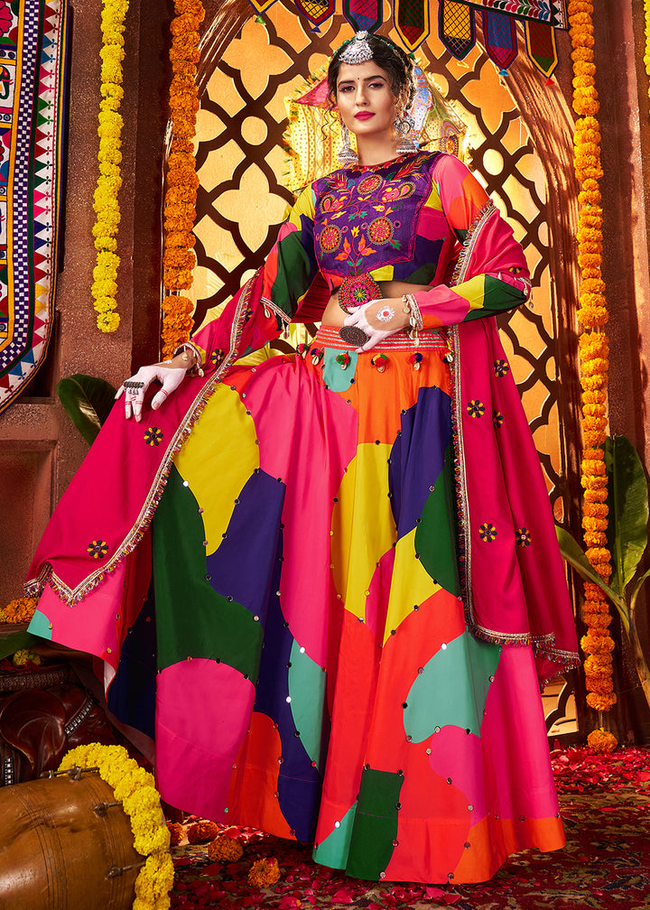 Buy Now Multicolor Printed Muslin Navratri Wear Chaniya Choli Online in US, UK, Canada, France, Germany, Italy, Malaysia, UAE & Worldwide at Empress Clothing.