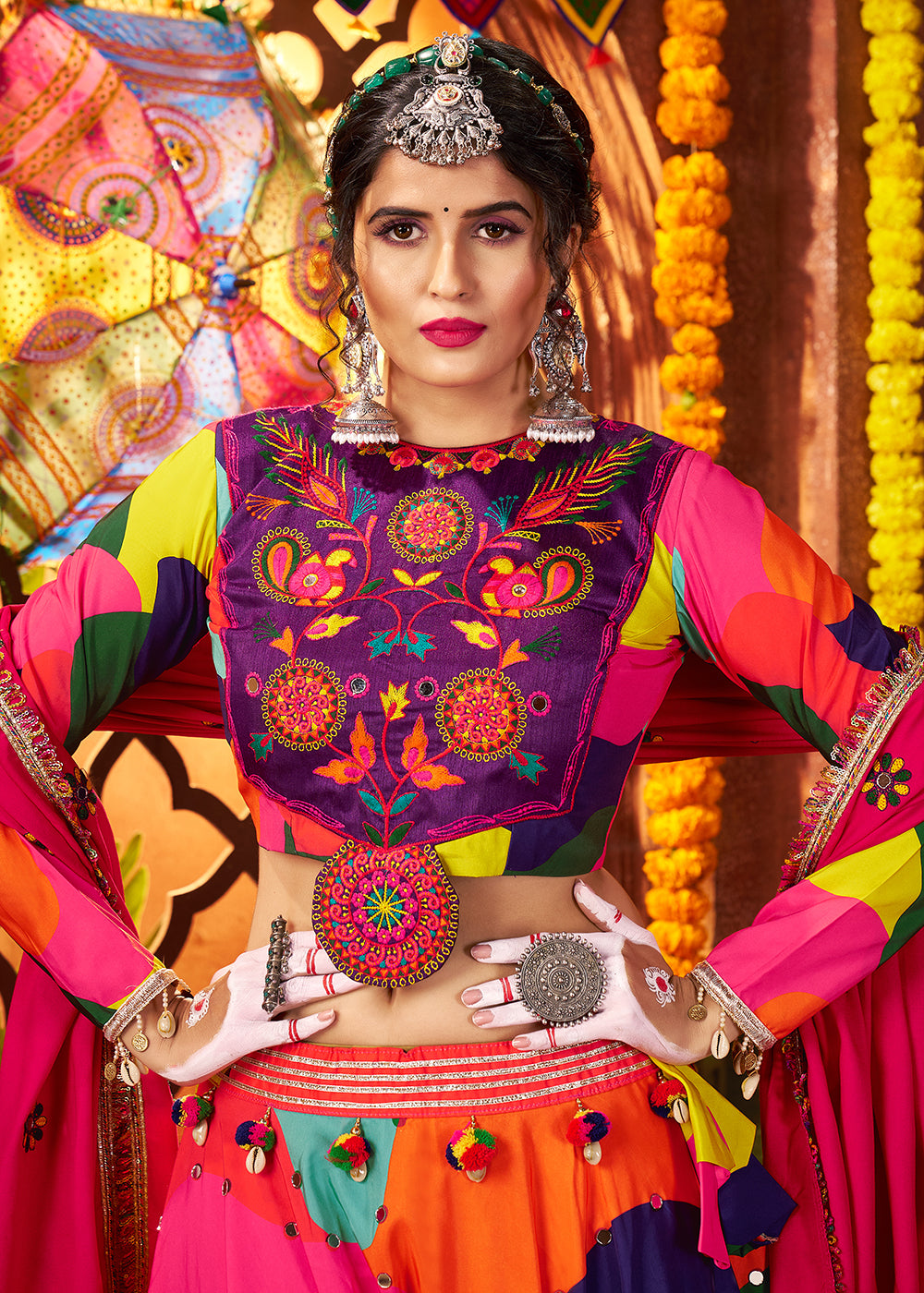 Buy Now Multicolor Printed Muslin Navratri Wear Chaniya Choli Online in US, UK, Canada, France, Germany, Italy, Malaysia, UAE & Worldwide at Empress Clothing.