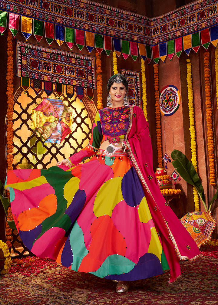 Buy Now Multicolor Printed Muslin Navratri Wear Chaniya Choli Online in US, UK, Canada, France, Germany, Italy, Malaysia, UAE & Worldwide at Empress Clothing.