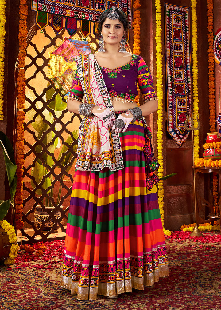 Buy Now Multicolor Muslin Printed Navratri Wear Chaniya Choli Online in US, UK, Canada, France, Germany, Italy, Malaysia, UAE & Worldwide at Empress Clothing.