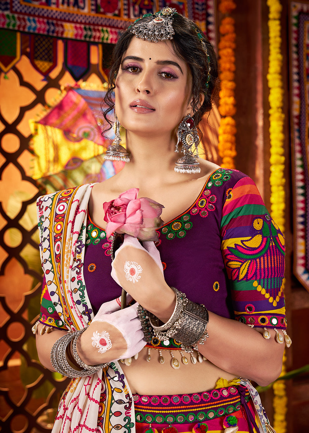 Buy Now Multicolor Muslin Printed Navratri Wear Chaniya Choli Online in US, UK, Canada, France, Germany, Italy, Malaysia, UAE & Worldwide at Empress Clothing.