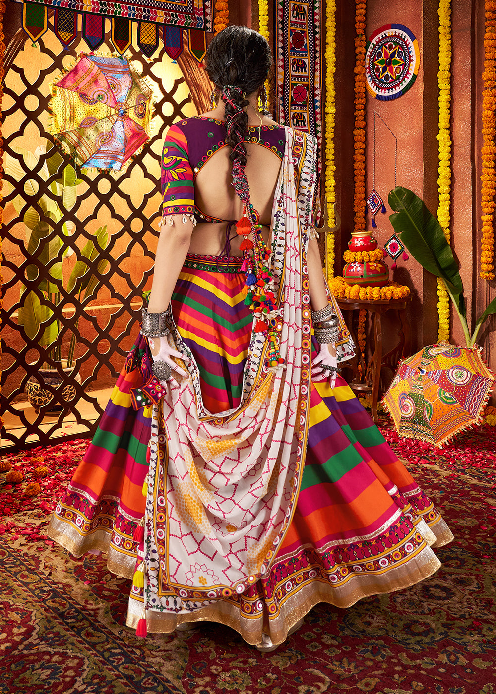 Buy Now Multicolor Muslin Printed Navratri Wear Chaniya Choli Online in US, UK, Canada, France, Germany, Italy, Malaysia, UAE & Worldwide at Empress Clothing.