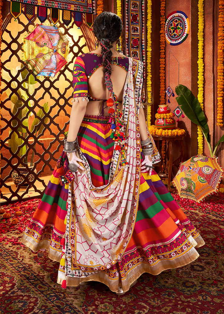Buy Now Multicolor Muslin Printed Navratri Wear Chaniya Choli Online in US, UK, Canada, France, Germany, Italy, Malaysia, UAE & Worldwide at Empress Clothing.