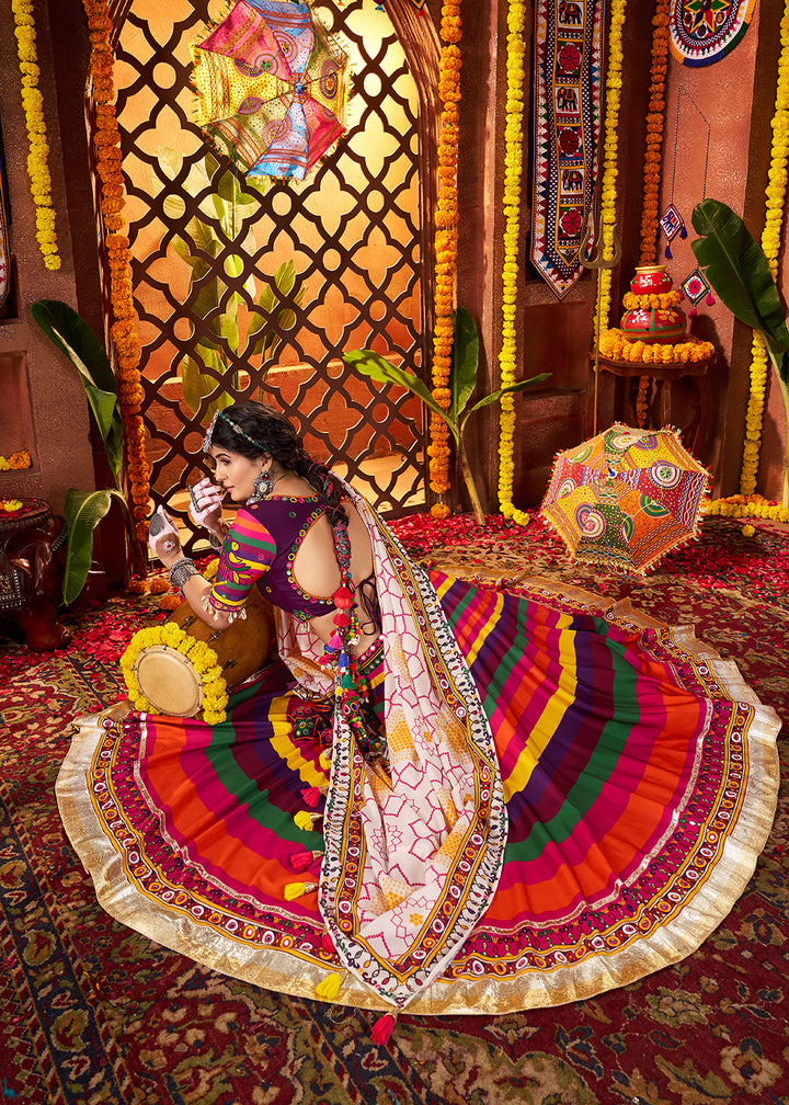 Buy Now Multicolor Muslin Printed Navratri Wear Chaniya Choli Online in US, UK, Canada, France, Germany, Italy, Malaysia, UAE & Worldwide at Empress Clothing.