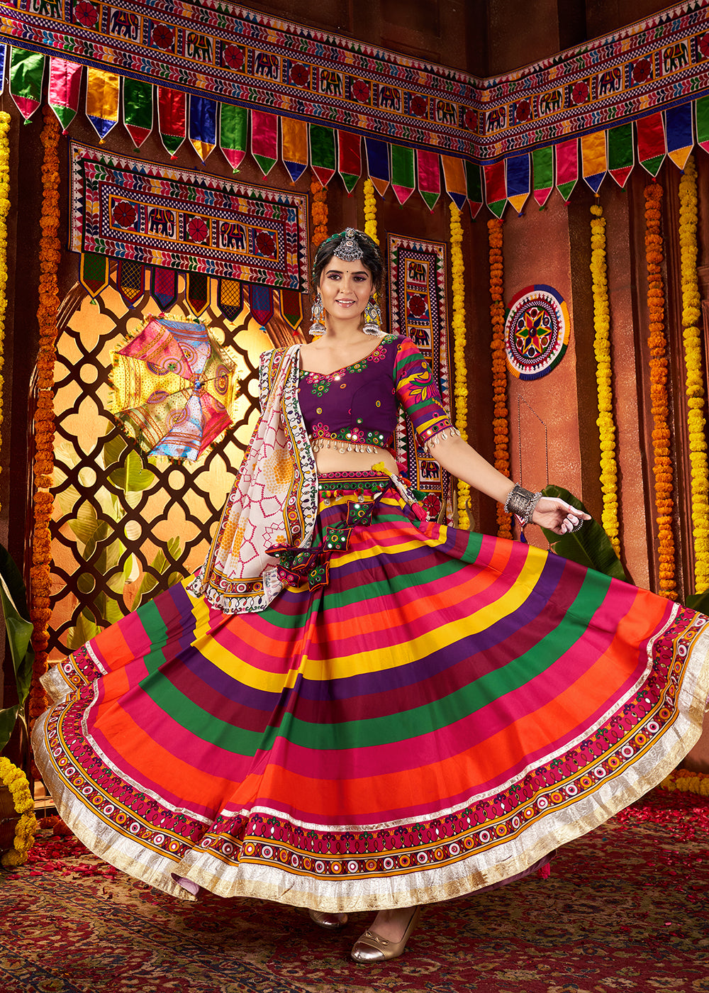 Buy Now Multicolor Muslin Printed Navratri Wear Chaniya Choli Online in US, UK, Canada, France, Germany, Italy, Malaysia, UAE & Worldwide at Empress Clothing.