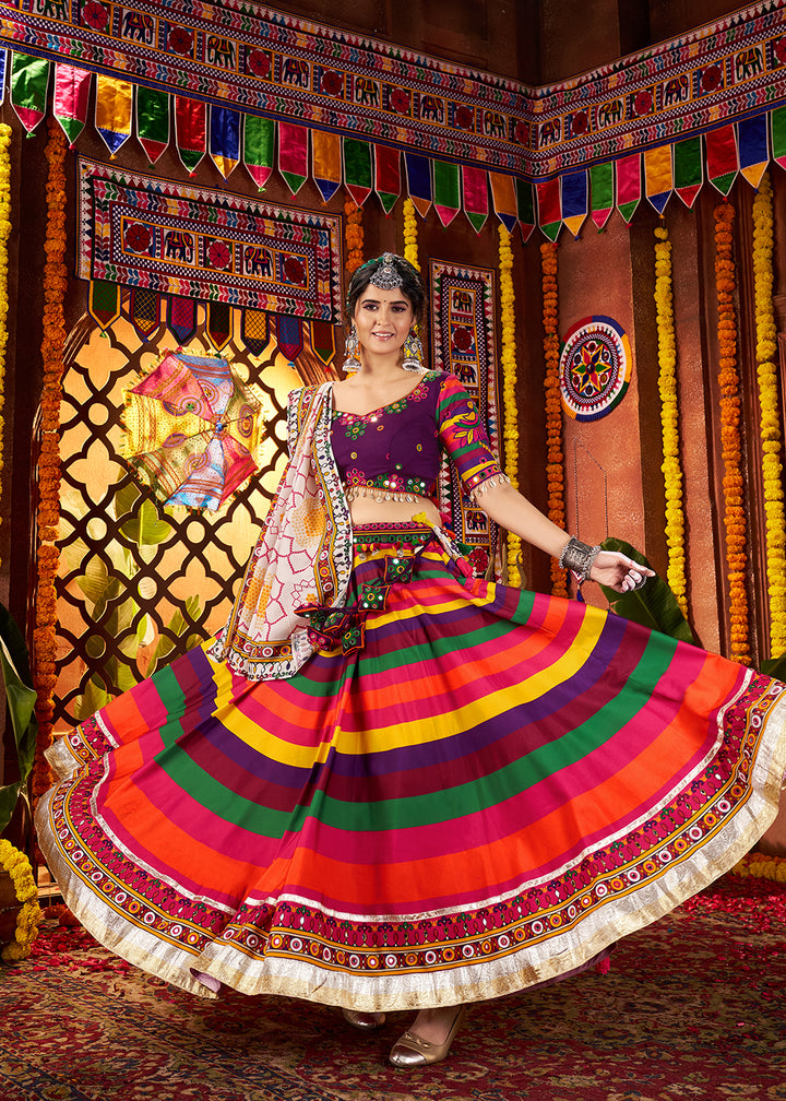 Buy Now Multicolor Muslin Printed Navratri Wear Chaniya Choli Online in US, UK, Canada, France, Germany, Italy, Malaysia, UAE & Worldwide at Empress Clothing.