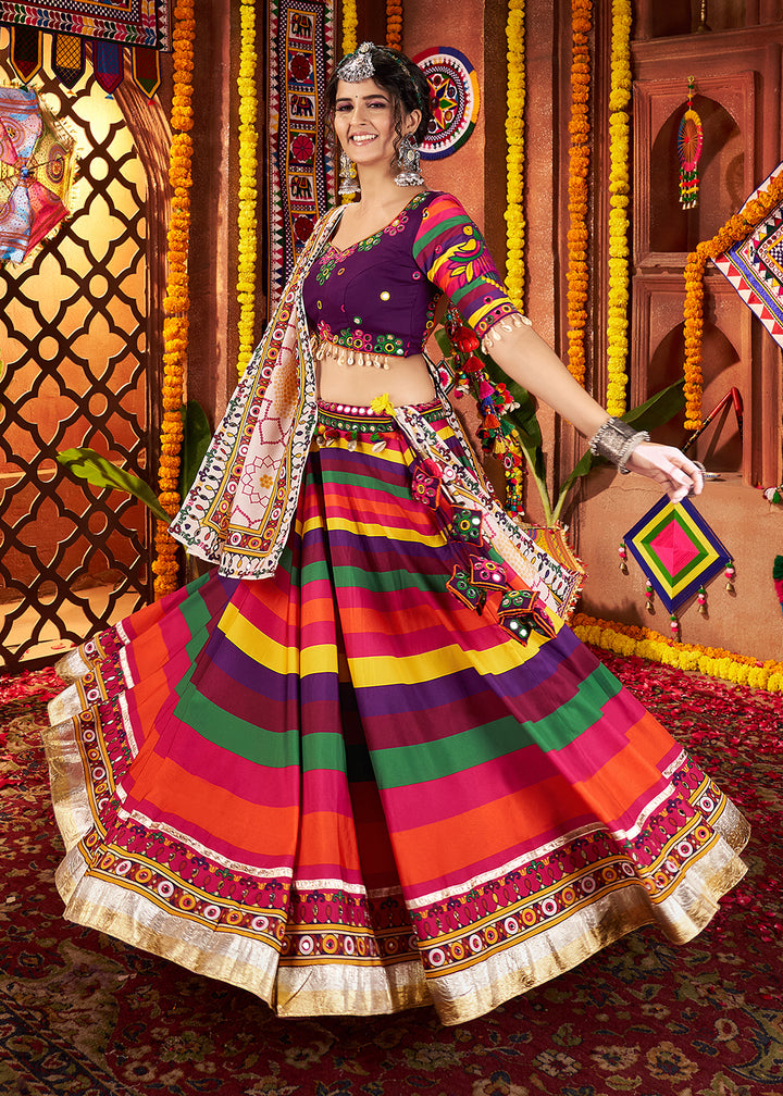 Buy Now Multicolor Muslin Printed Navratri Wear Chaniya Choli Online in US, UK, Canada, France, Germany, Italy, Malaysia, UAE & Worldwide at Empress Clothing.
