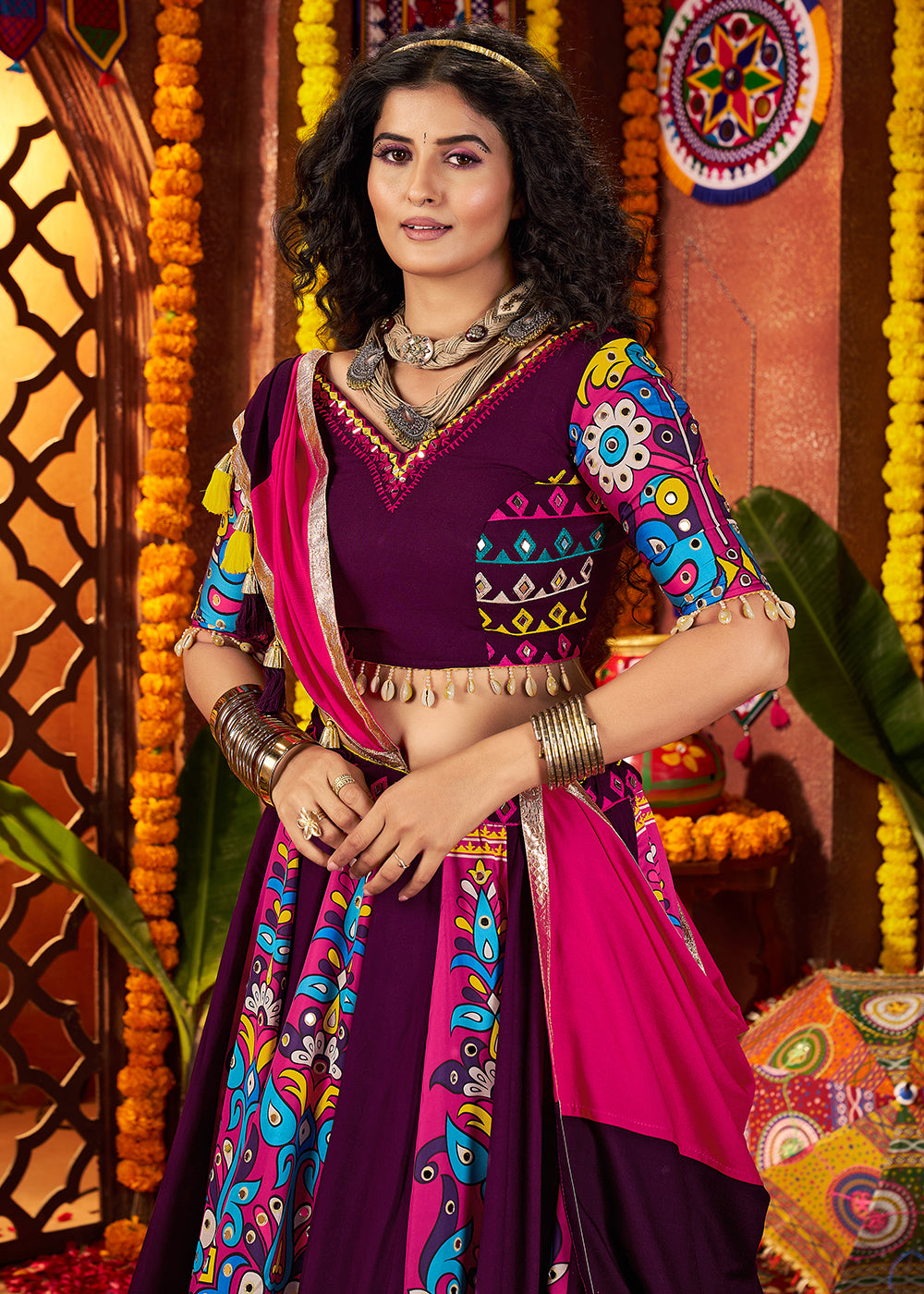 Buy Now Muti Threads & Mirror Purple Chaniya Choli for Navratri Online in US, UK, Canada, France, Germany, Italy, Singapore, UAE & Worldwide at Empress Clothing.