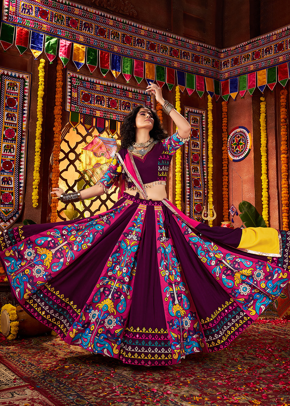 Buy Now Muti Threads & Mirror Purple Chaniya Choli for Navratri Online in US, UK, Canada, France, Germany, Italy, Singapore, UAE & Worldwide at Empress Clothing.