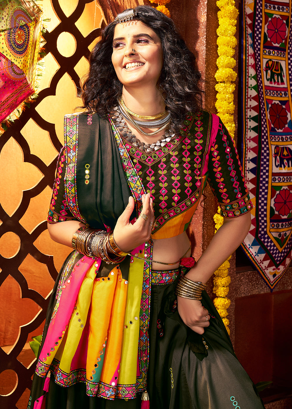 Buy Now Muti Threads & Mirror Black Chaniya Choli for Navratri Online in US, UK, Canada, France, Germany, Italy, Singapore, UAE & Worldwide at Empress Clothing.