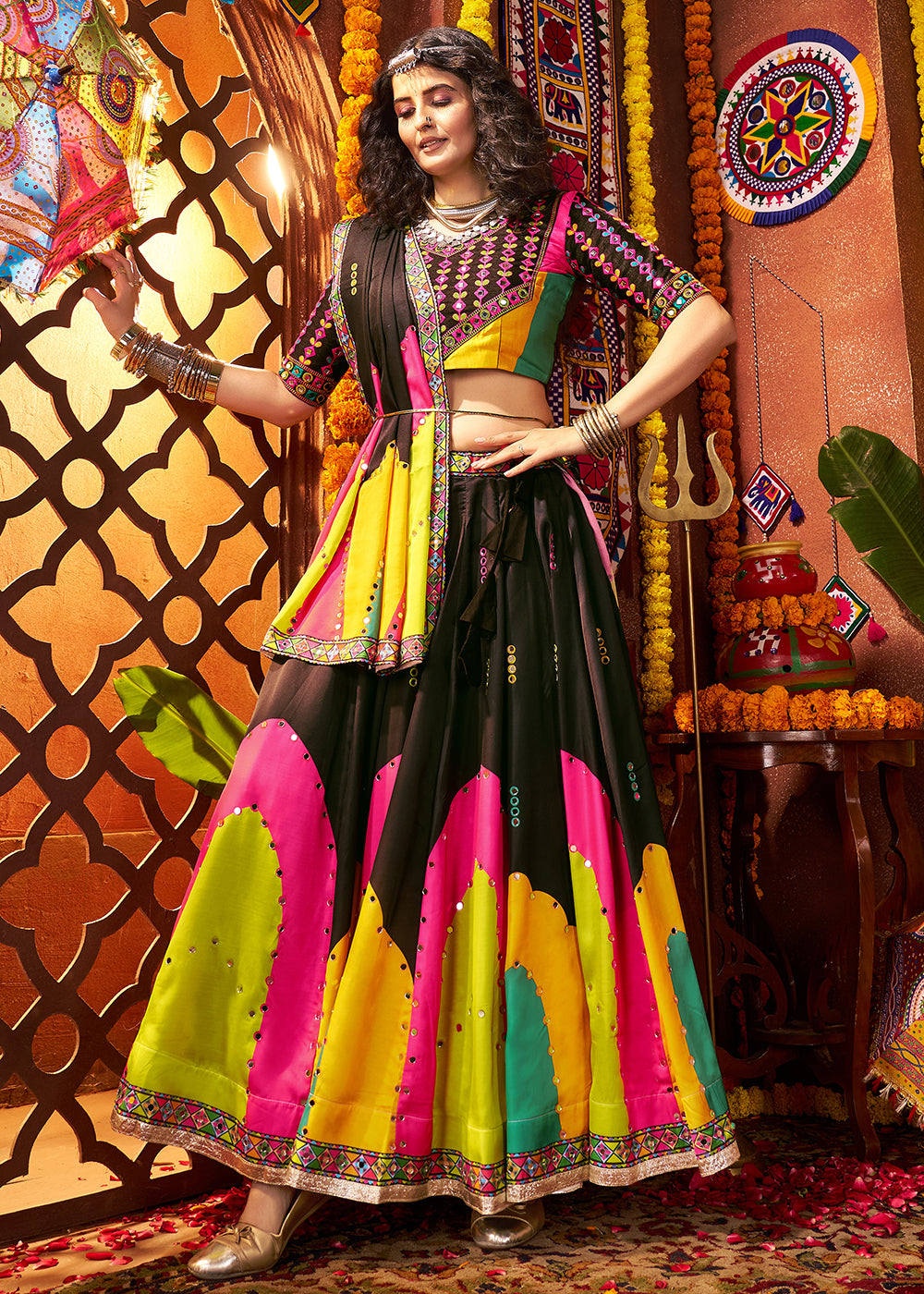 Buy Now Muti Threads & Mirror Black Chaniya Choli for Navratri Online in US, UK, Canada, France, Germany, Italy, Singapore, UAE & Worldwide at Empress Clothing.