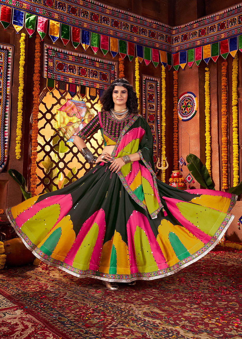 Buy Now Muti Threads & Mirror Black Chaniya Choli for Navratri Online in US, UK, Canada, France, Germany, Italy, Singapore, UAE & Worldwide at Empress Clothing.