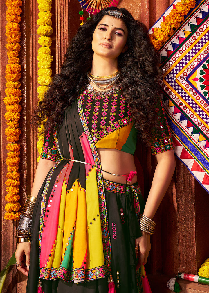 Buy Now Muti Threads & Mirror Black Chaniya Choli for Navratri Online in US, UK, Canada, France, Germany, Italy, Singapore, UAE & Worldwide at Empress Clothing.