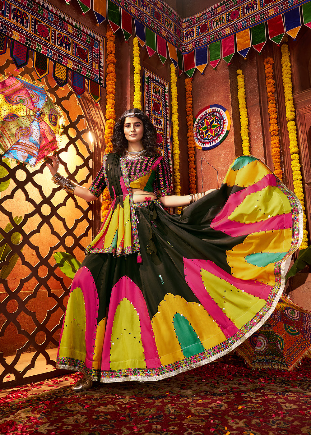 Buy Now Muti Threads & Mirror Black Chaniya Choli for Navratri Online in US, UK, Canada, France, Germany, Italy, Singapore, UAE & Worldwide at Empress Clothing.