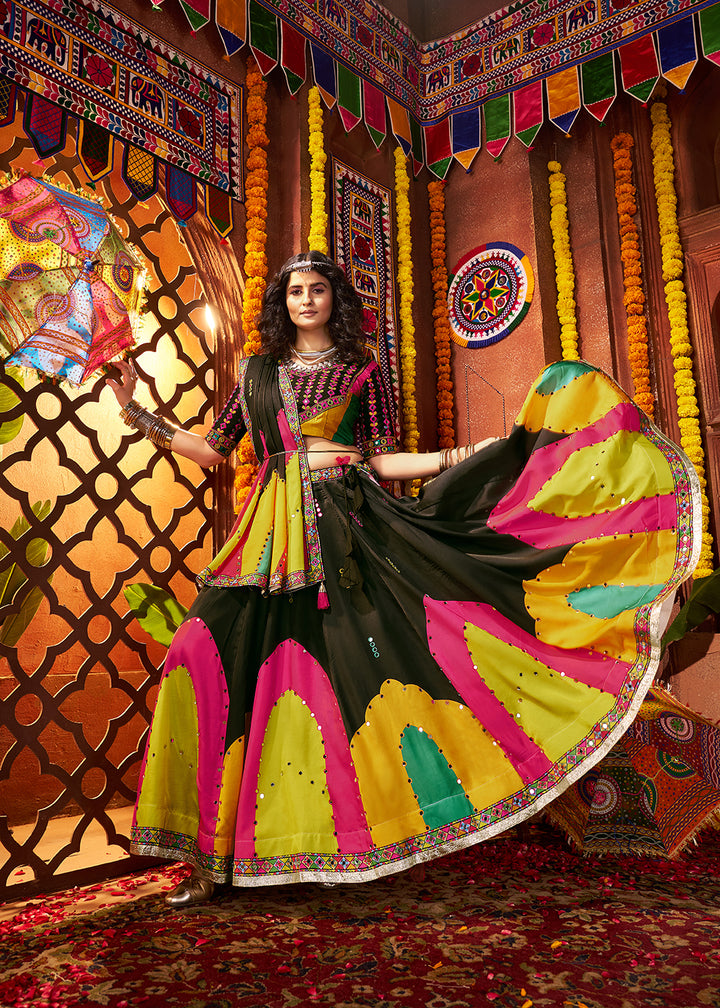 Buy Now Muti Threads & Mirror Black Chaniya Choli for Navratri Online in US, UK, Canada, France, Germany, Italy, Singapore, UAE & Worldwide at Empress Clothing.