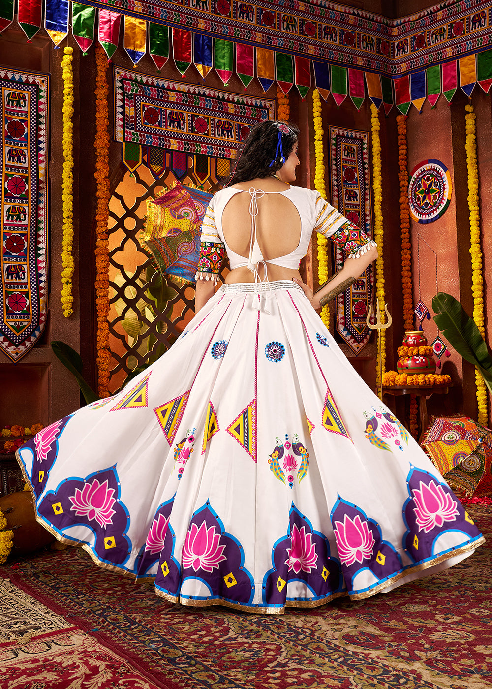 Buy Now Muti Threads & Mirror White Chaniya Choli for Navratri Online in US, UK, Canada, France, Germany, Italy, Singapore, UAE & Worldwide at Empress Clothing.