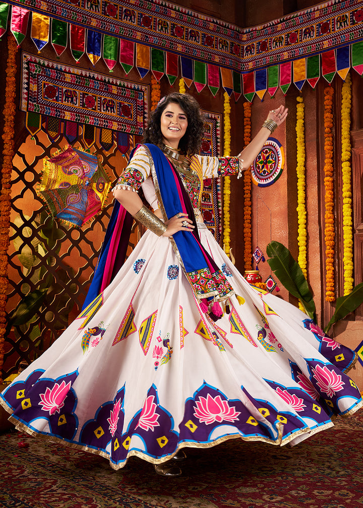 Buy Now Muti Threads & Mirror White Chaniya Choli for Navratri Online in US, UK, Canada, France, Germany, Italy, Singapore, UAE & Worldwide at Empress Clothing.