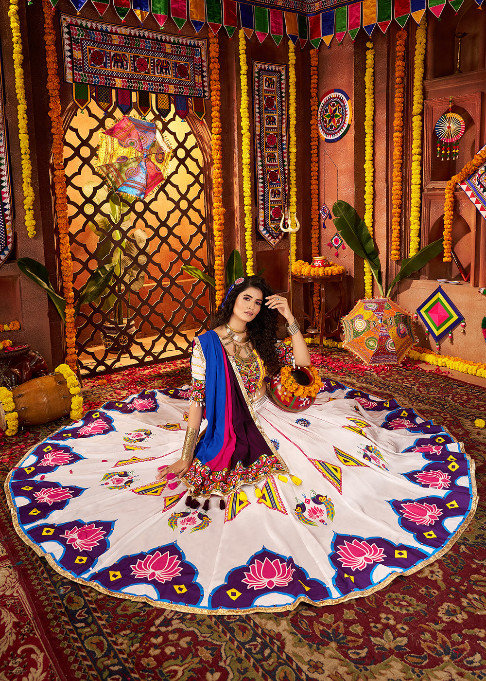 Buy Now Muti Threads & Mirror White Chaniya Choli for Navratri Online in US, UK, Canada, France, Germany, Italy, Singapore, UAE & Worldwide at Empress Clothing.