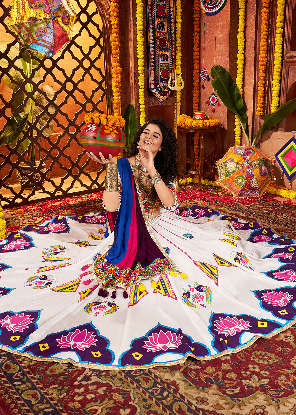 Buy Now Muti Threads & Mirror White Chaniya Choli for Navratri Online in US, UK, Canada, France, Germany, Italy, Singapore, UAE & Worldwide at Empress Clothing.