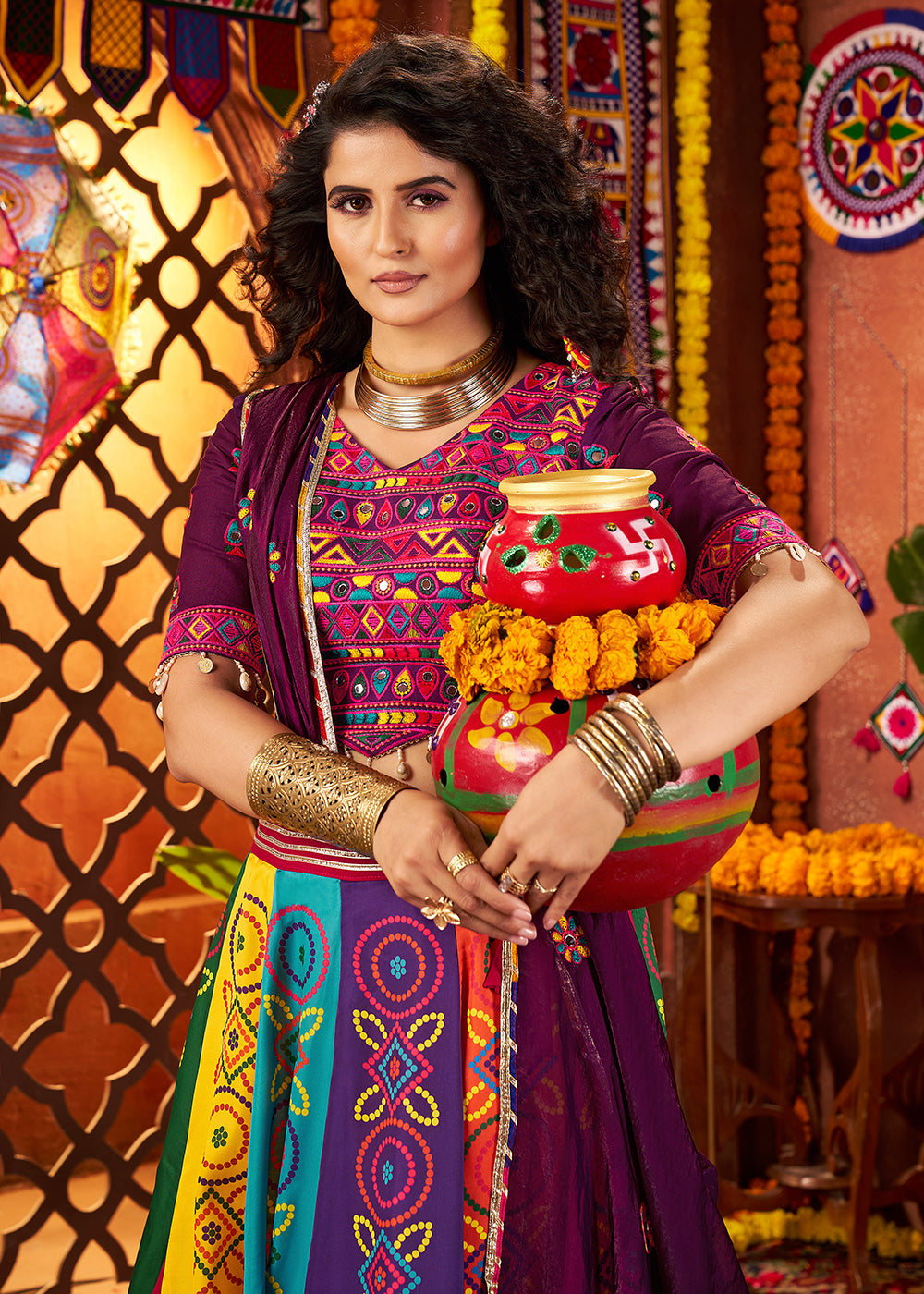 Buy Muti Threads &amp; Mirror Multicolor Chaniya Choli for Navratri Online in US, UK, Canada, France, Germany, Italy, Singapore, UAE &amp; Worldwide at Empress Clothing.