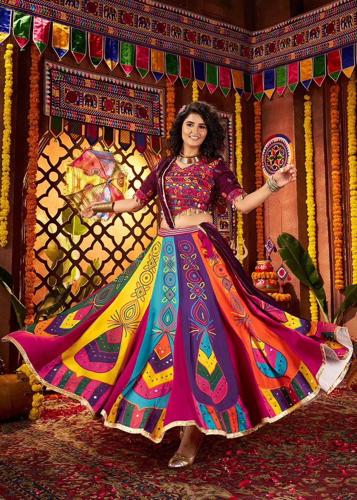 Buy Muti Threads &amp; Mirror Multicolor Chaniya Choli for Navratri Online in US, UK, Canada, France, Germany, Italy, Singapore, UAE &amp; Worldwide at Empress Clothing.