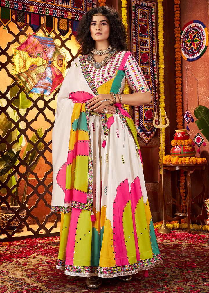 Buy Muti Threads & Mirror White Chaniya Choli for Navratri Online in US, UK, Canada, France, Germany, Italy, Singapore, UAE & Worldwide at Empress Clothing.