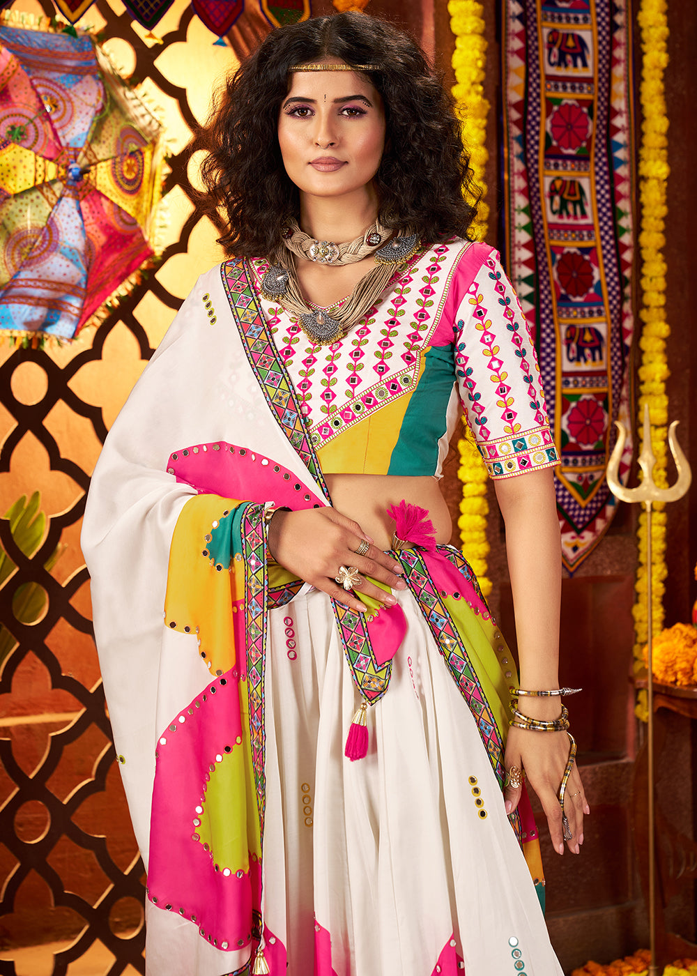 Buy Muti Threads & Mirror White Chaniya Choli for Navratri Online in US, UK, Canada, France, Germany, Italy, Singapore, UAE & Worldwide at Empress Clothing.