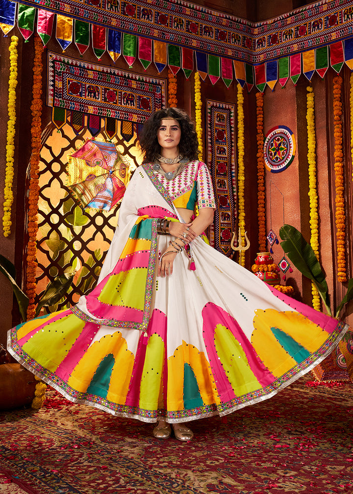 Buy Muti Threads & Mirror White Chaniya Choli for Navratri Online in US, UK, Canada, France, Germany, Italy, Singapore, UAE & Worldwide at Empress Clothing.