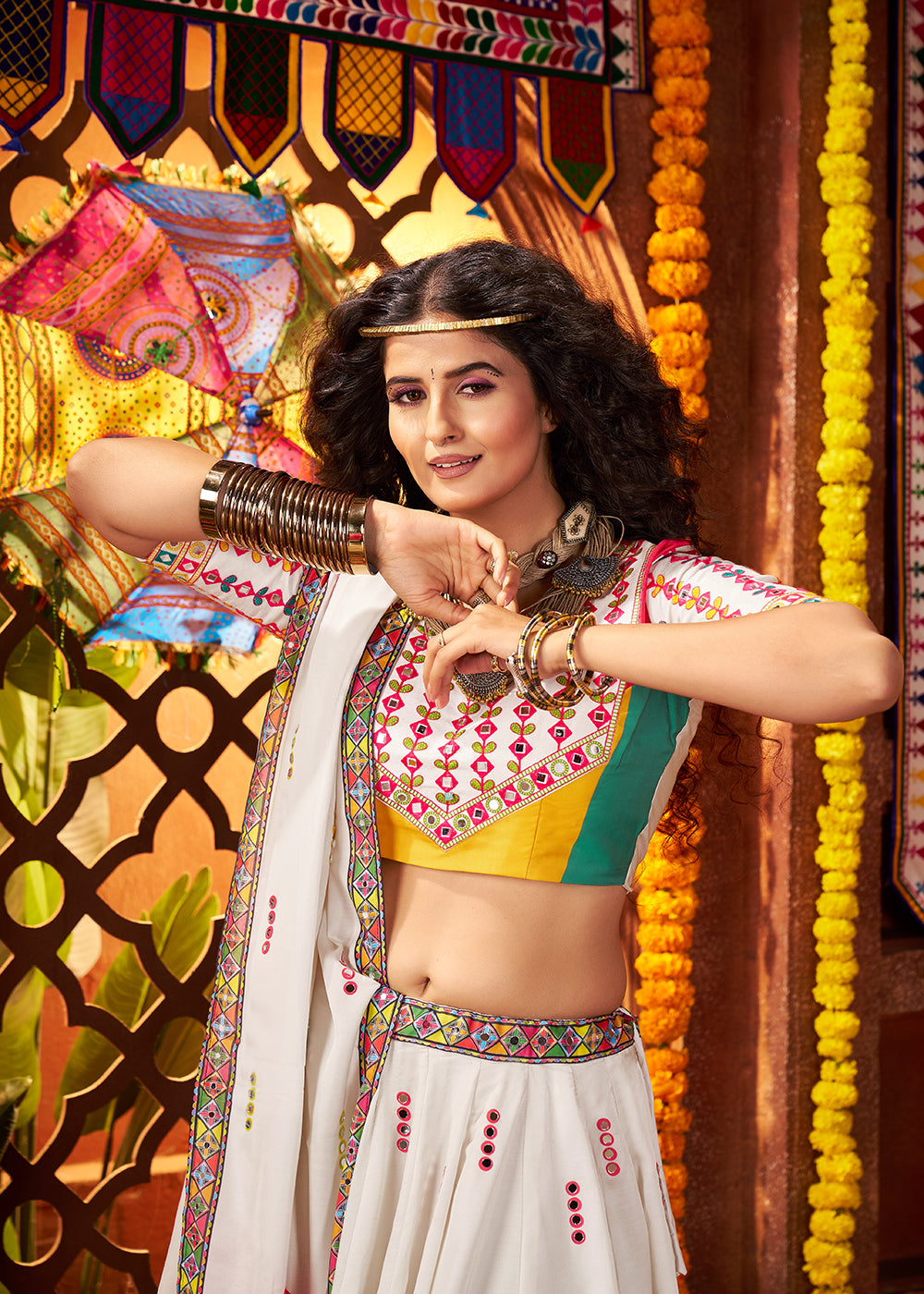 Buy Muti Threads & Mirror White Chaniya Choli for Navratri Online in US, UK, Canada, France, Germany, Italy, Singapore, UAE & Worldwide at Empress Clothing.