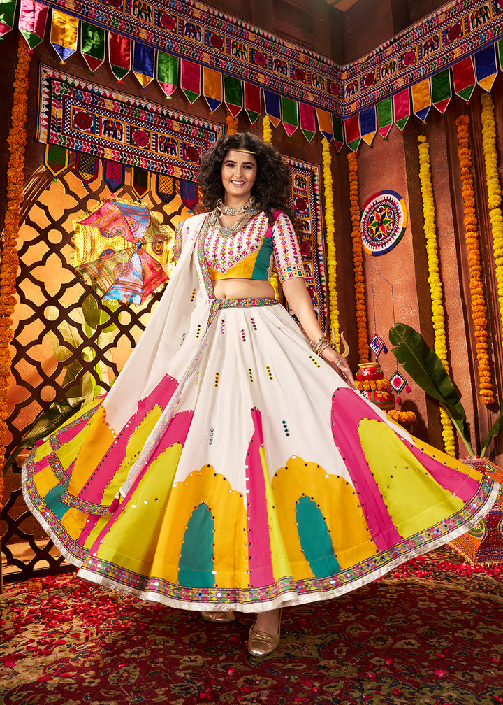 Buy Muti Threads & Mirror White Chaniya Choli for Navratri Online in US, UK, Canada, France, Germany, Italy, Singapore, UAE & Worldwide at Empress Clothing.