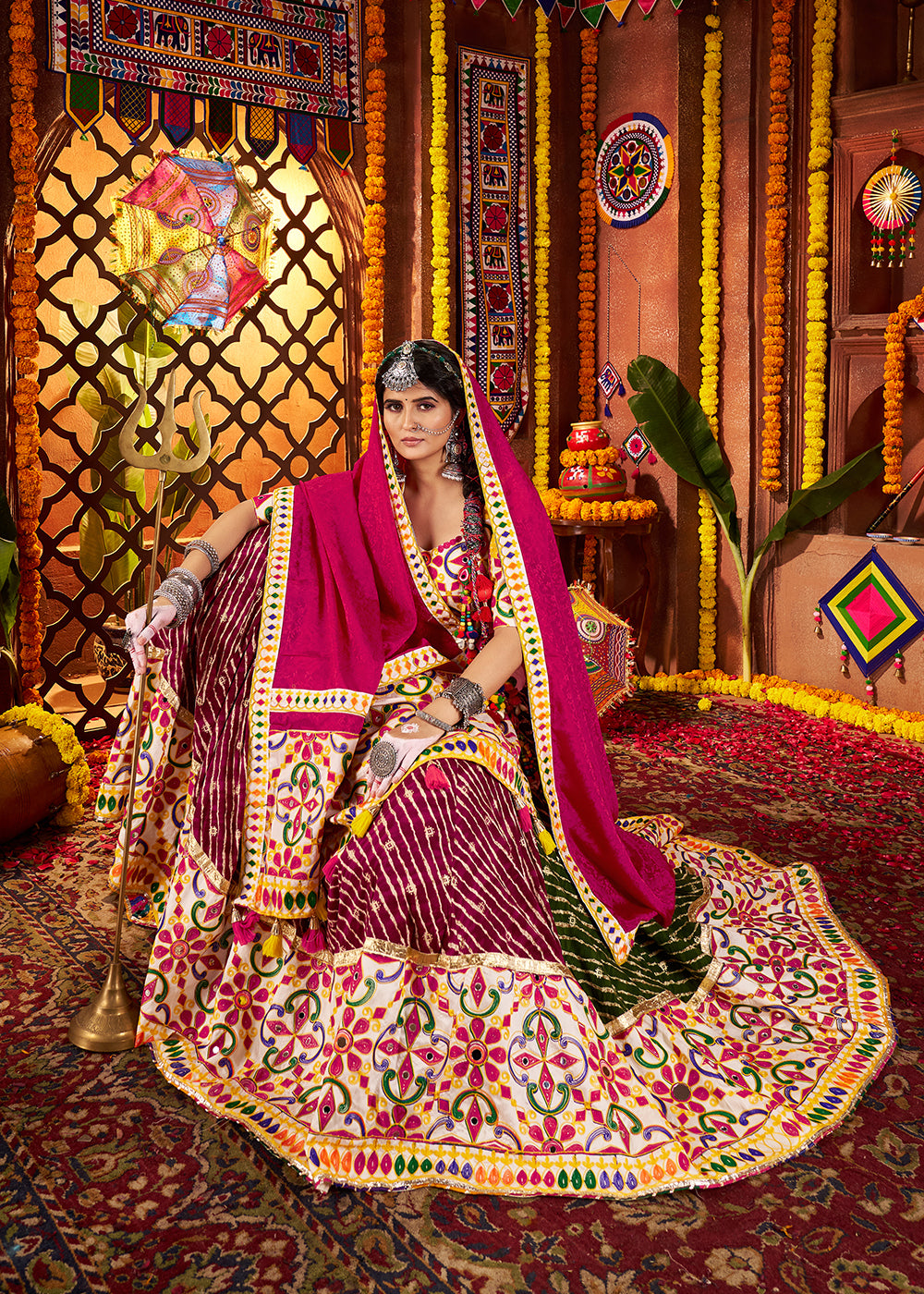 Buy Now Multi Green & Purple Navratri Special Chaniya Choli Online in US, UK, Canada, France, Germany, Italy, Singapore, UAE & Worldwide at Empress Clothing.